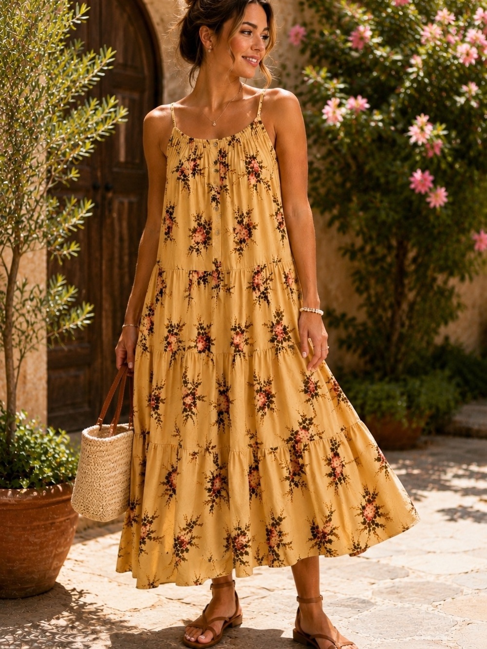 Elie Tahari Floral Tiered Midi Maxi Dress Linen Blend Small NWT